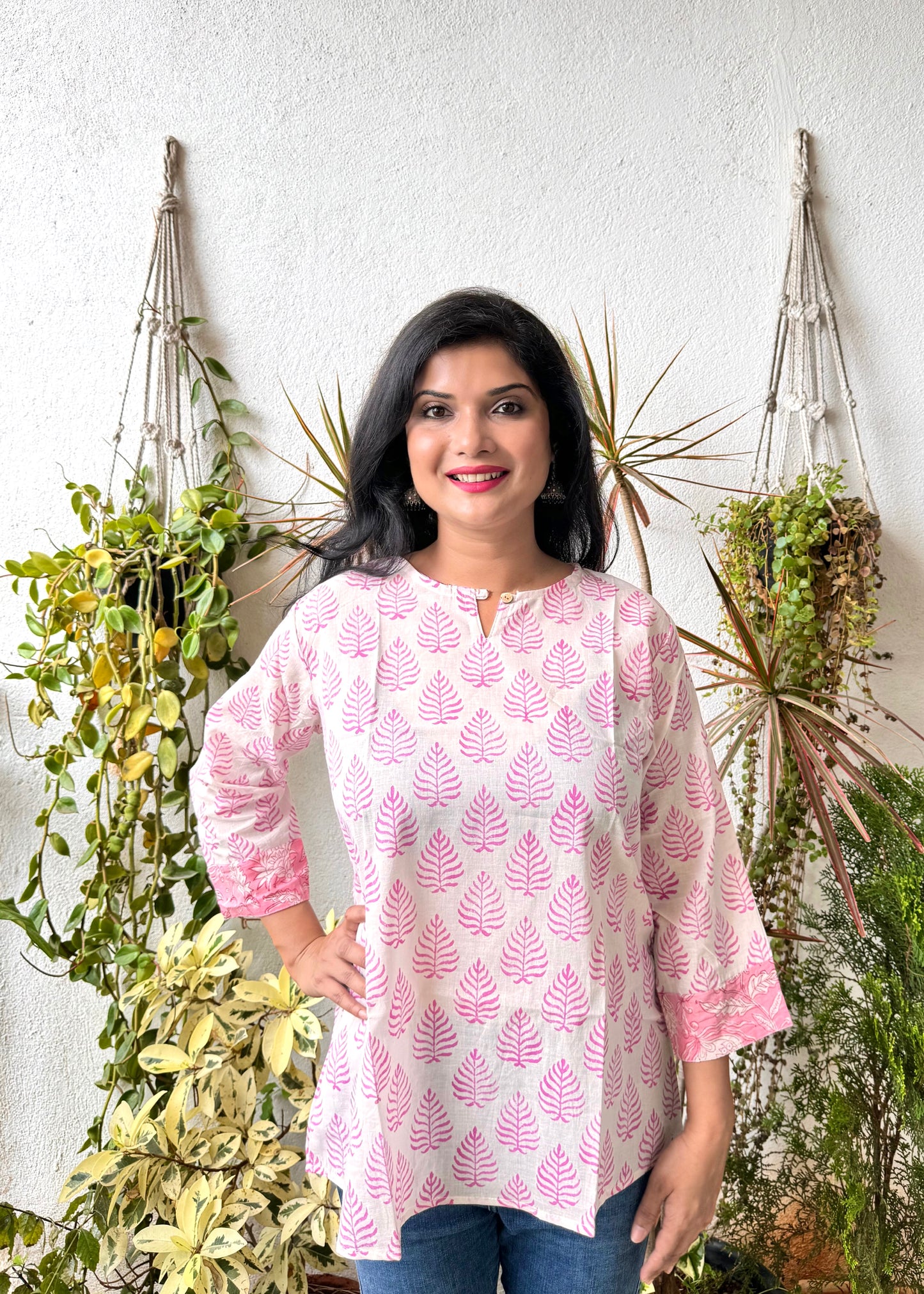 Flamingo ~ White and Pink Handblock Kurti