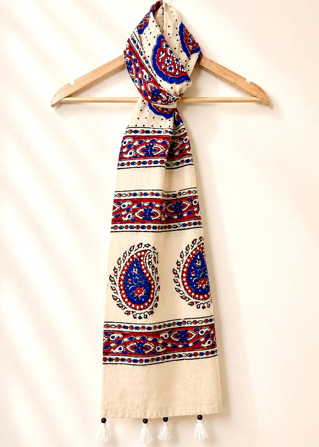 Raahi🌻Ajrakh Cotton Stoles ~ Ivory white w/ motifs