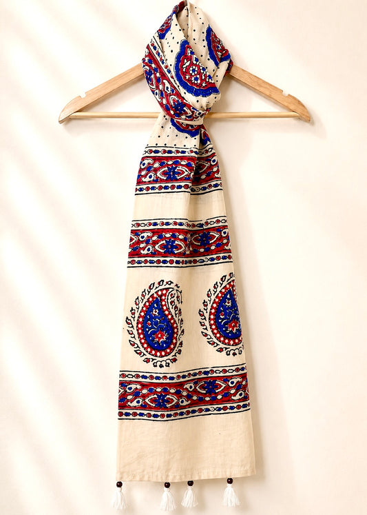 Raahi🌻Ajrakh Cotton Stoles ~ Ivory white w/ motifs