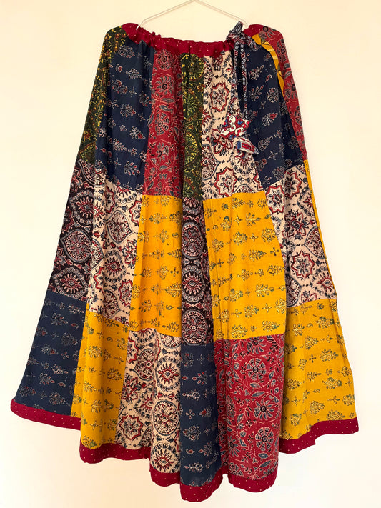 🌻Navrang ~ Ajrakh Handcrafted Lehengas ~ Multicolor w/ red polka border