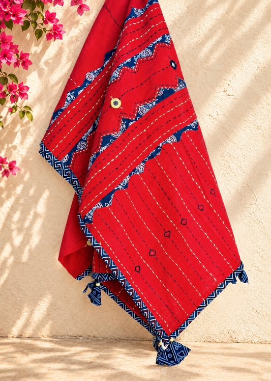 Ajrakh Applique & Kantha Embroidered Dupatta ~ Cherry Red w/ Blue Patchwork