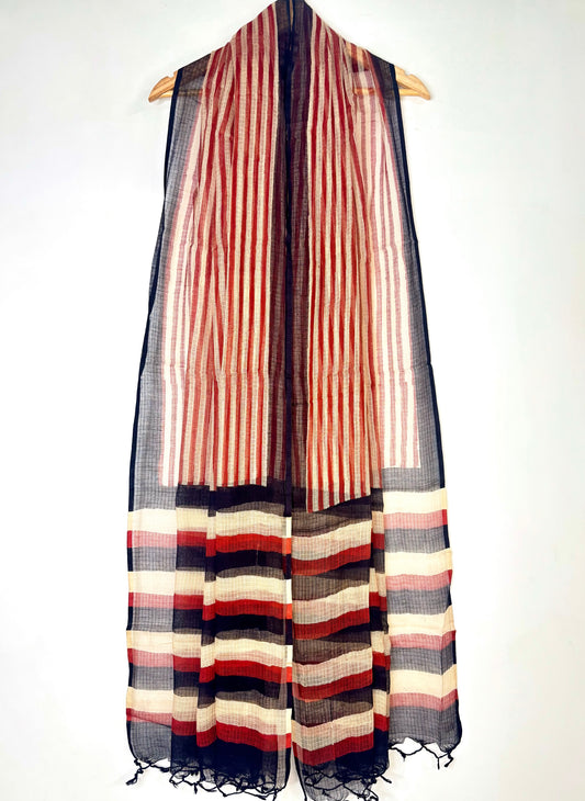 Kota Doria Bagru Handblock Dupatta ~ Black w/ Red lines