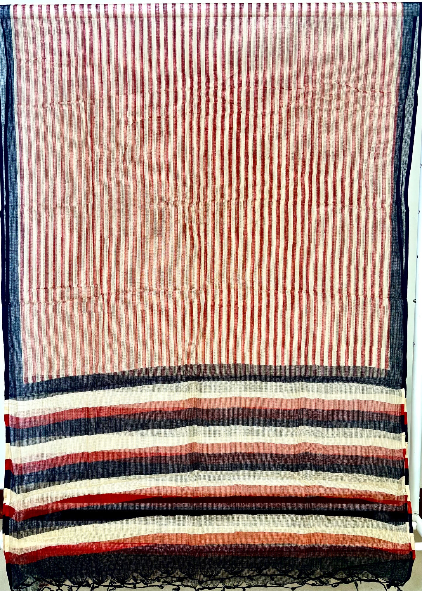 Kota Doria Bagru Handblock Dupatta ~ Black w/ Red lines