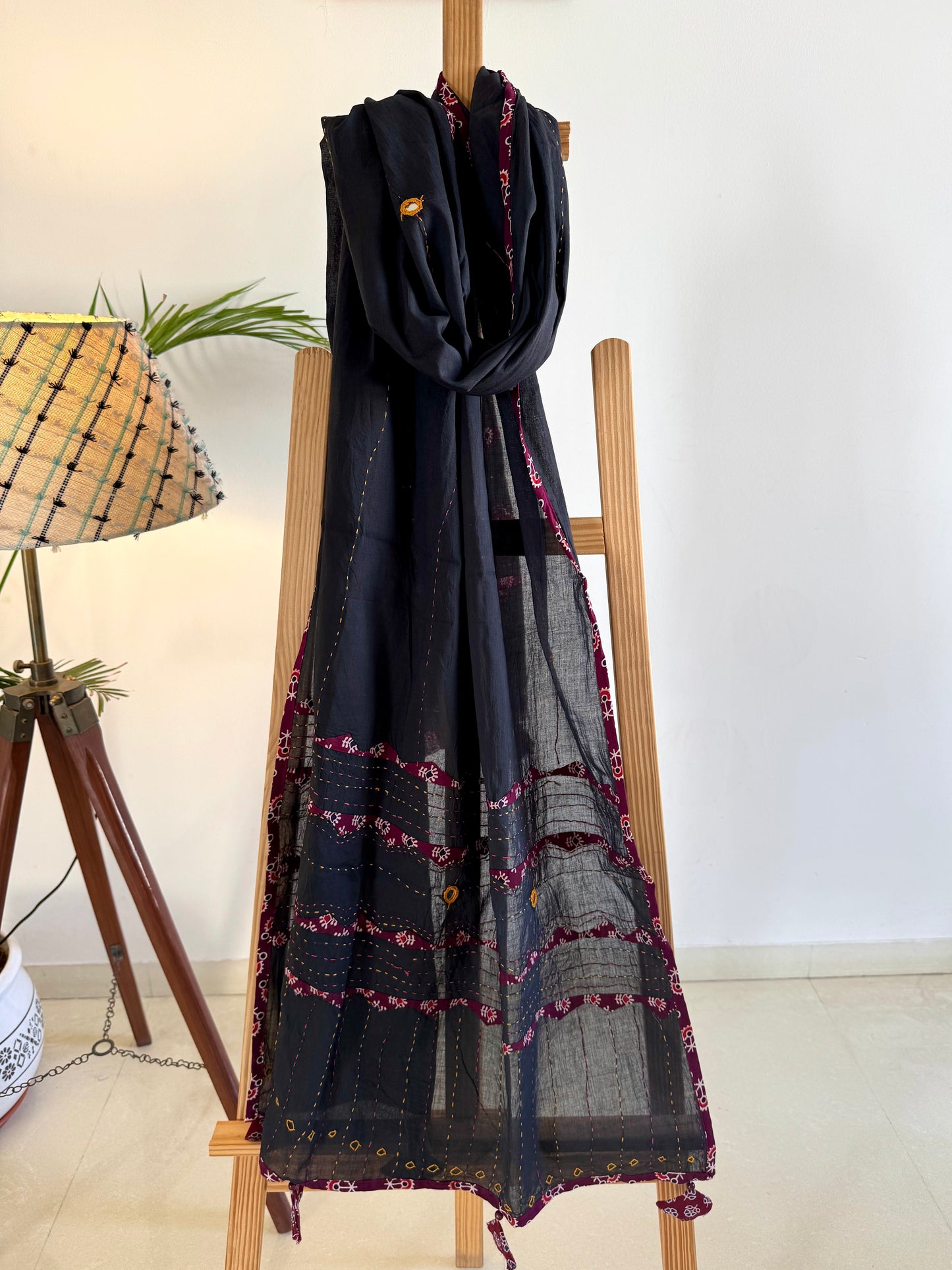 Ajrakh Applique & Kantha Embroidered Dupatta ~ Black & Red