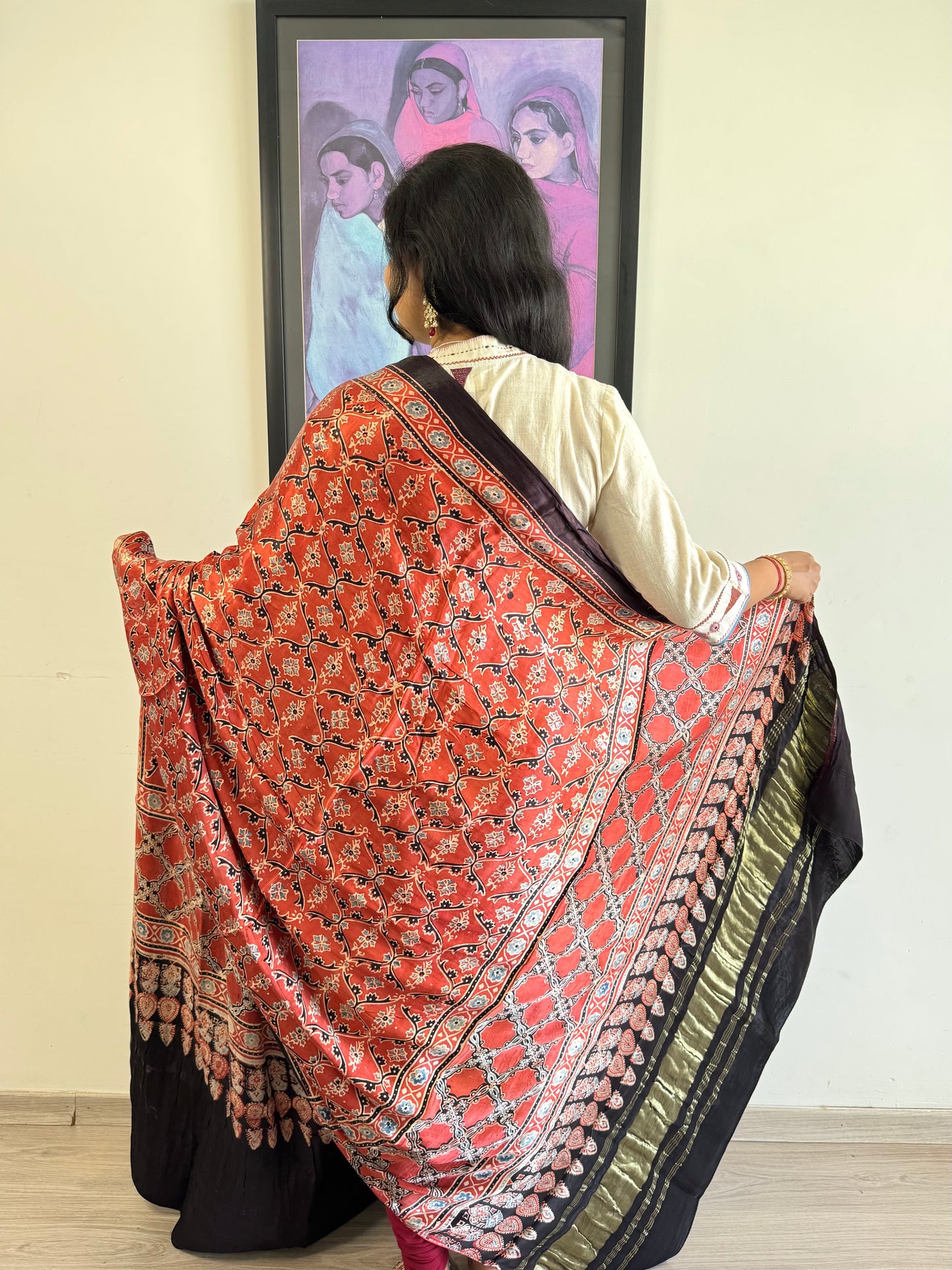 Modal Silk Ajrakh Dupatta ~ Brick Red Vine Motif w/ Zari
