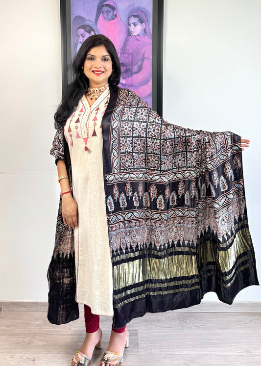 Modal Silk Ajrakh Dupatta ~ Metallic Black Square Motif w/ Zari