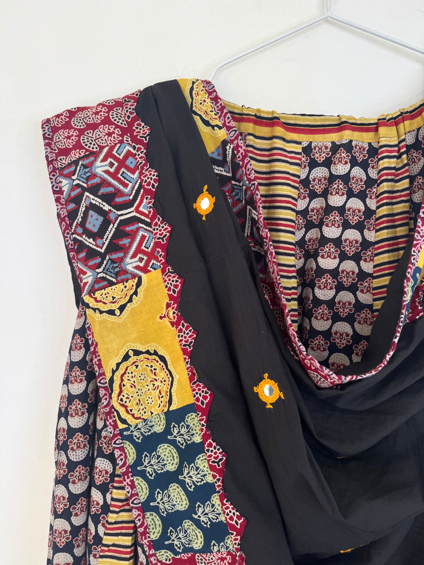 ✨Garba nu Ghoomie ~ Ajrakh Lehenga and Dupatta Set ~ Yellow Strips w/ Black Dupatta