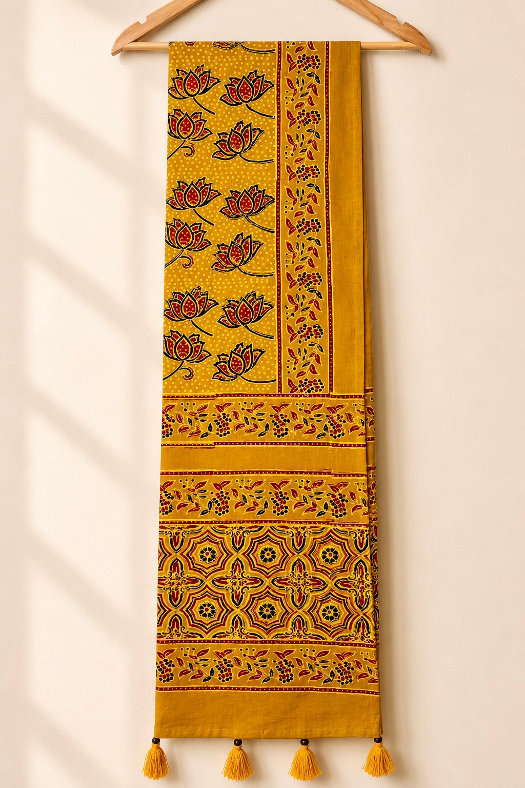 Raahi🌻Ajrakh Cotton Stoles ~ Mustard Yellow w/ Lotus Motif
