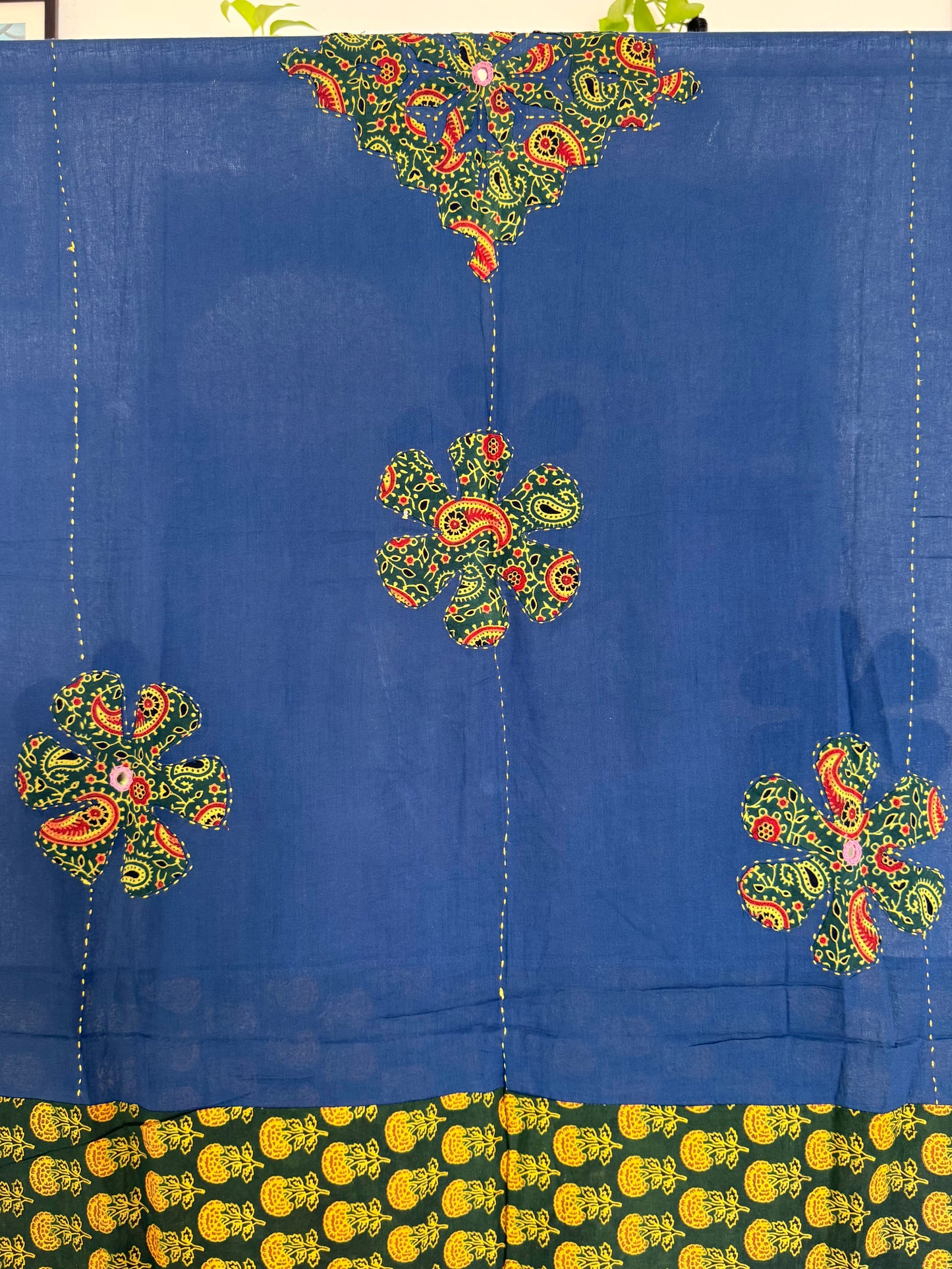 Ajrakh Applique & Kantha Embroidered Dupatta ~ Navy Blue w/ Green Flowers