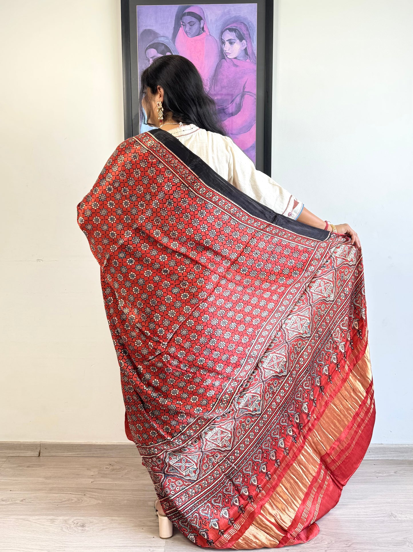 Modal Silk Ajrakh Dupatta ~ Brick Red Jharokha Motif w/ Zari
