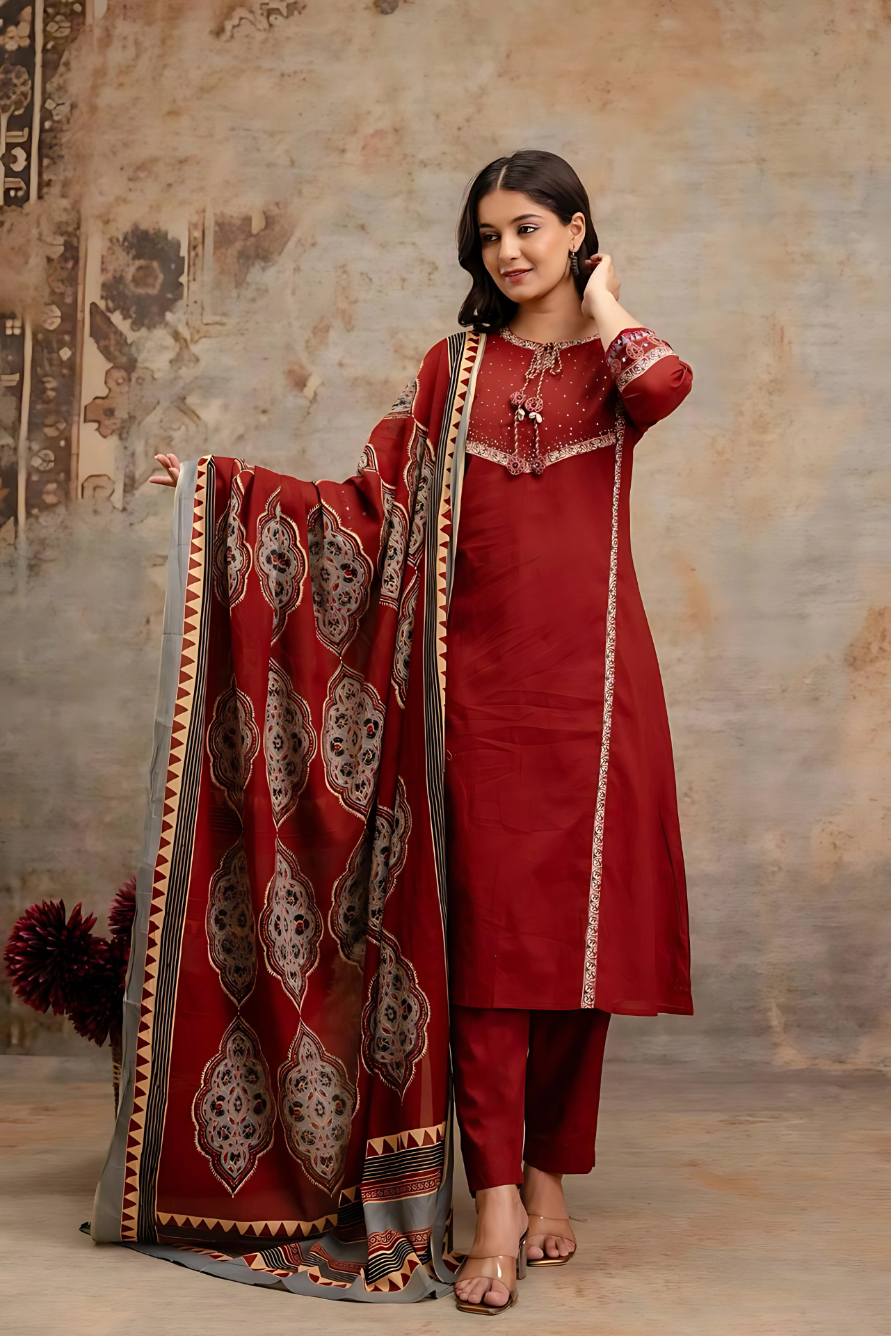 Saanjh 𓂃 ོ☼𓂃 Ajrakh Hand Embroidered Suit ~ Mahogany Red