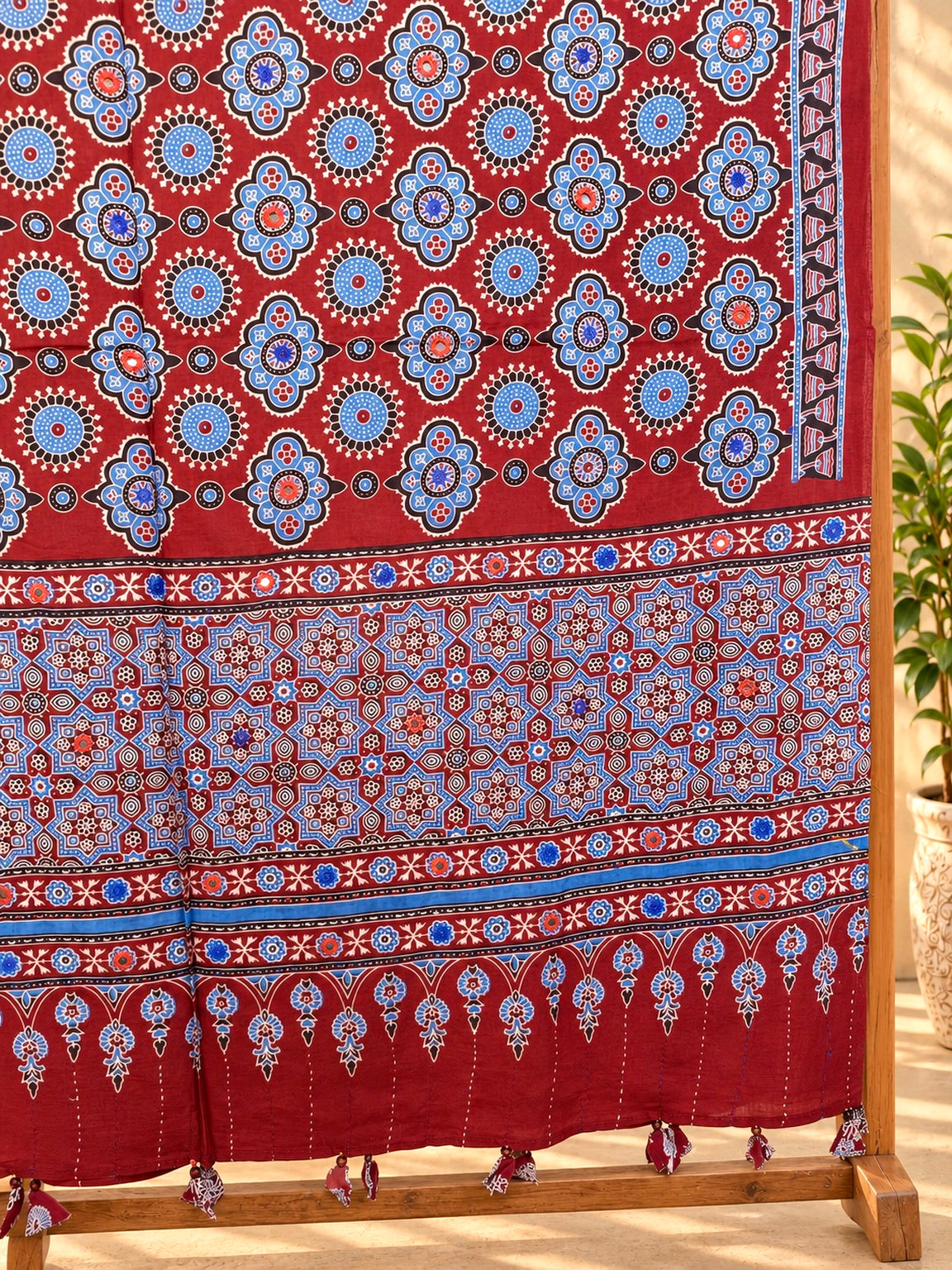 Rangrez🔅Ajrakh Mulmul Cotton Dupattas with Embroidery ~ Wine Red w/ metallic blue