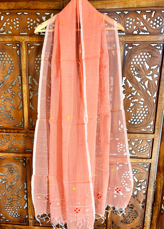 Kota Doria Hand Embroidered Dupatta ~ Peach w/ red flowers