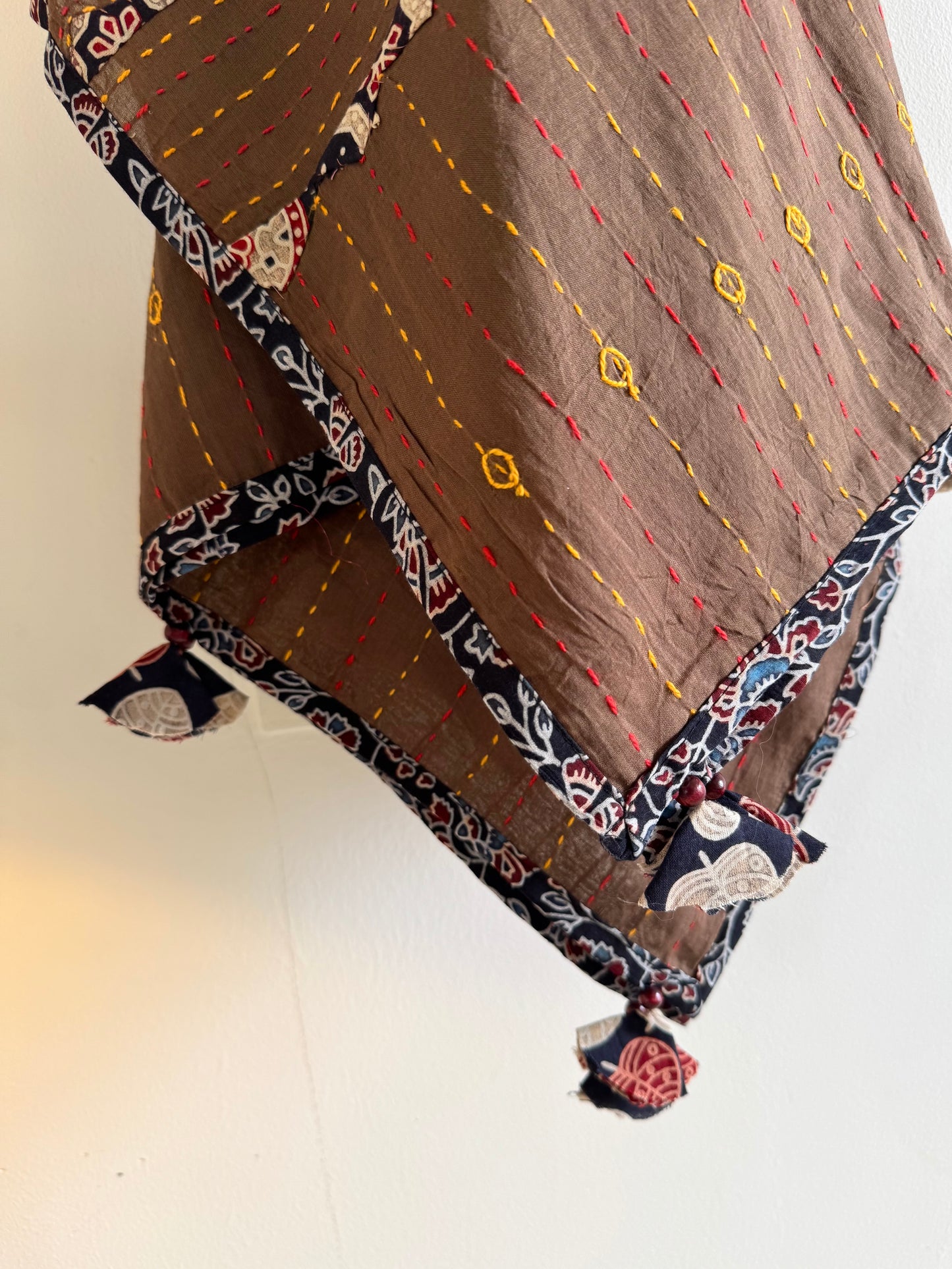 Ajrakh Applique & Kantha Embroidered Dupatta ~ Coffee Brown with Black Patchwork