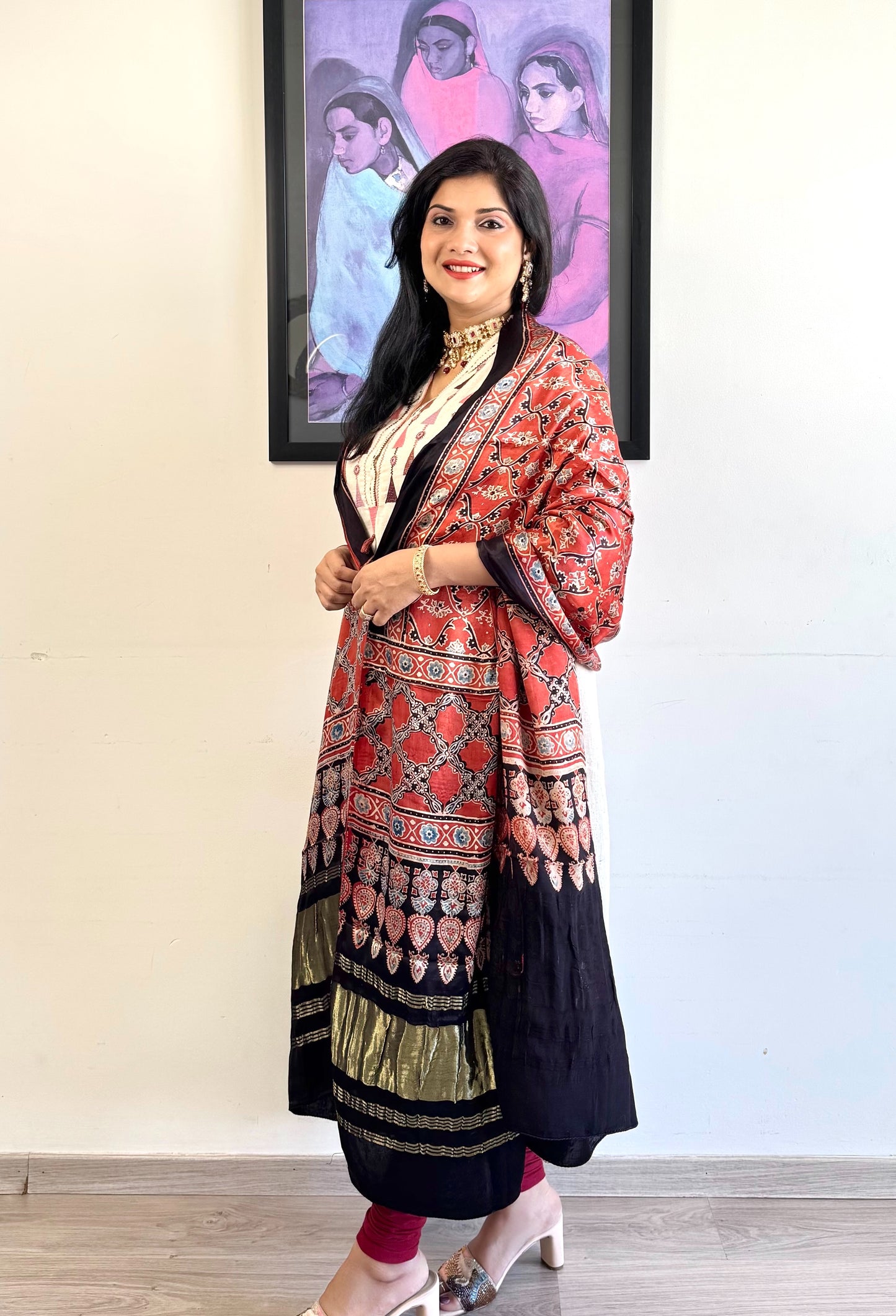 Modal Silk Ajrakh Dupatta ~ Brick Red Vine Motif w/ Zari