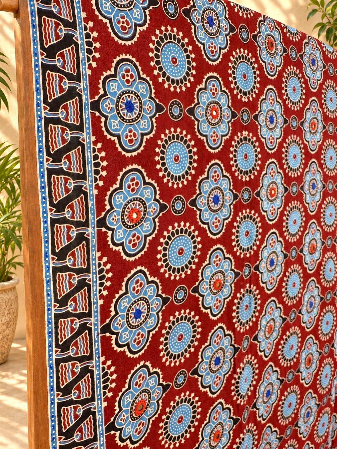 Rangrez🔅Ajrakh Mulmul Cotton Dupattas with Embroidery ~ Wine Red w/ metallic blue