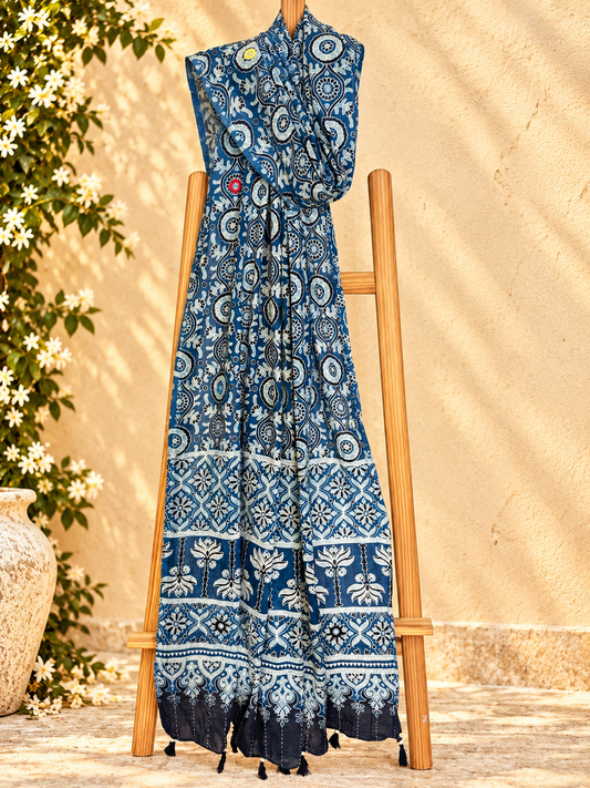 Rangrez🔅Ajrakh Mulmul Cotton Dupattas with Embroidery ~ Neel Kamal