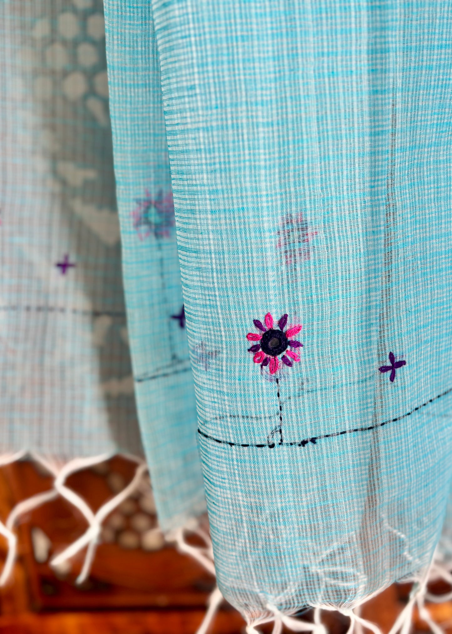 Kota Doria Hand Embroidered Dupatta ~ Aqua blue w/ pink flowers