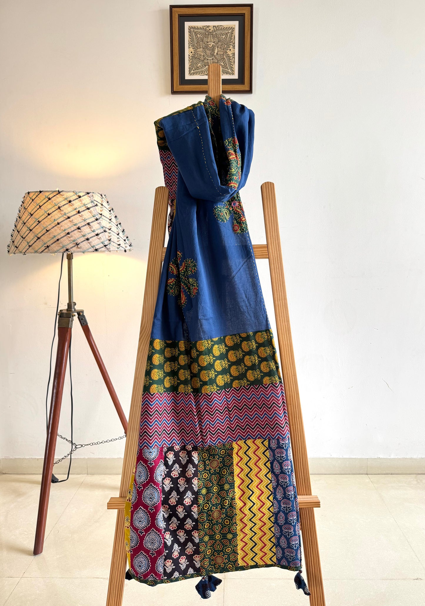 Ajrakh Applique & Kantha Embroidered Dupatta ~ Navy Blue w/ Green Flowers