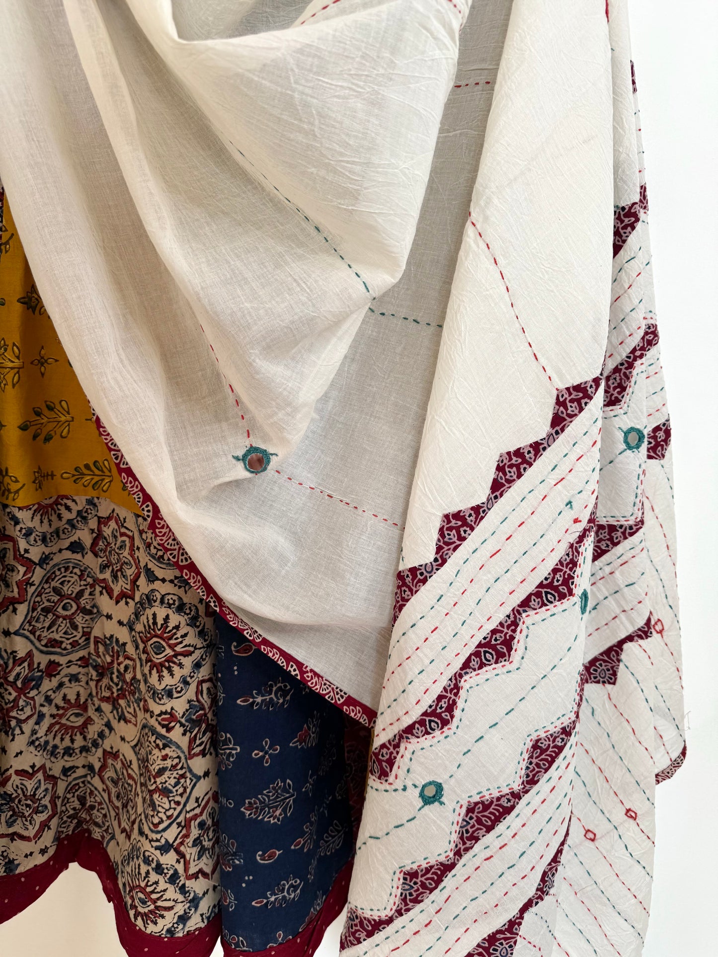 ✨Garba nu Ghoomie ~ Ajrakh Lehenga and Dupatta Set ~ Multicolored w/ Red polka border
