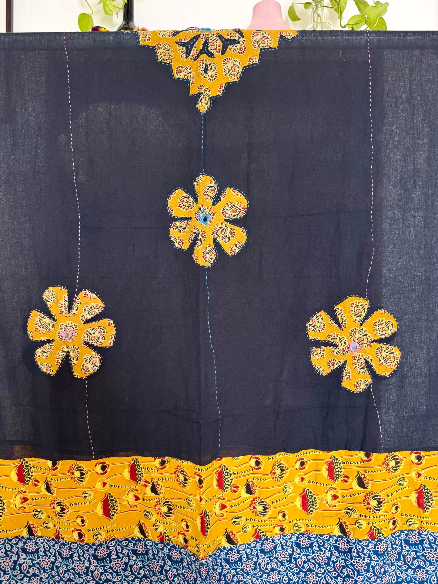 𓂃ོ⋆☀︎𓂃ᨒོ Ajrakh, Applique & Kantha Embroidered Dupatta ~ Jet Black & Yellow 𑁍ࠬ