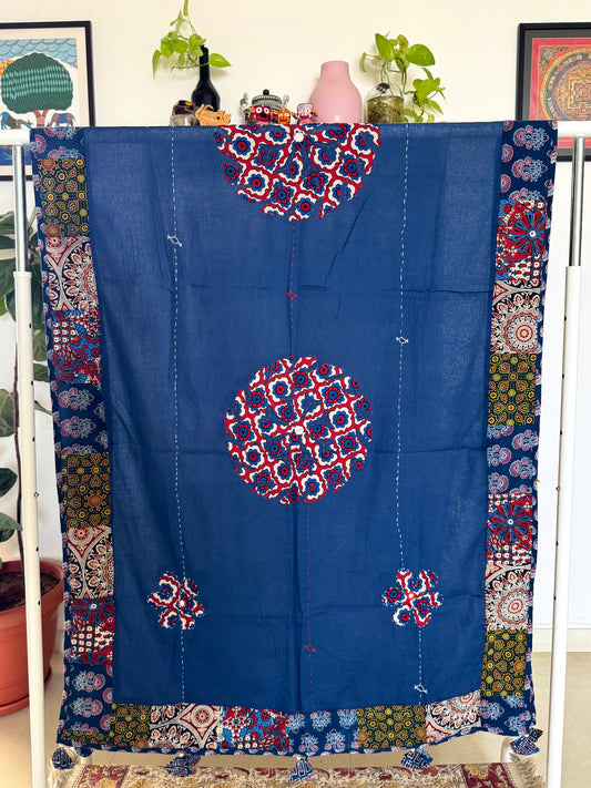 Ajrakh Applique & Kantha Embroidered Dupatta ~ Navy Blue with Multicolor Flowers