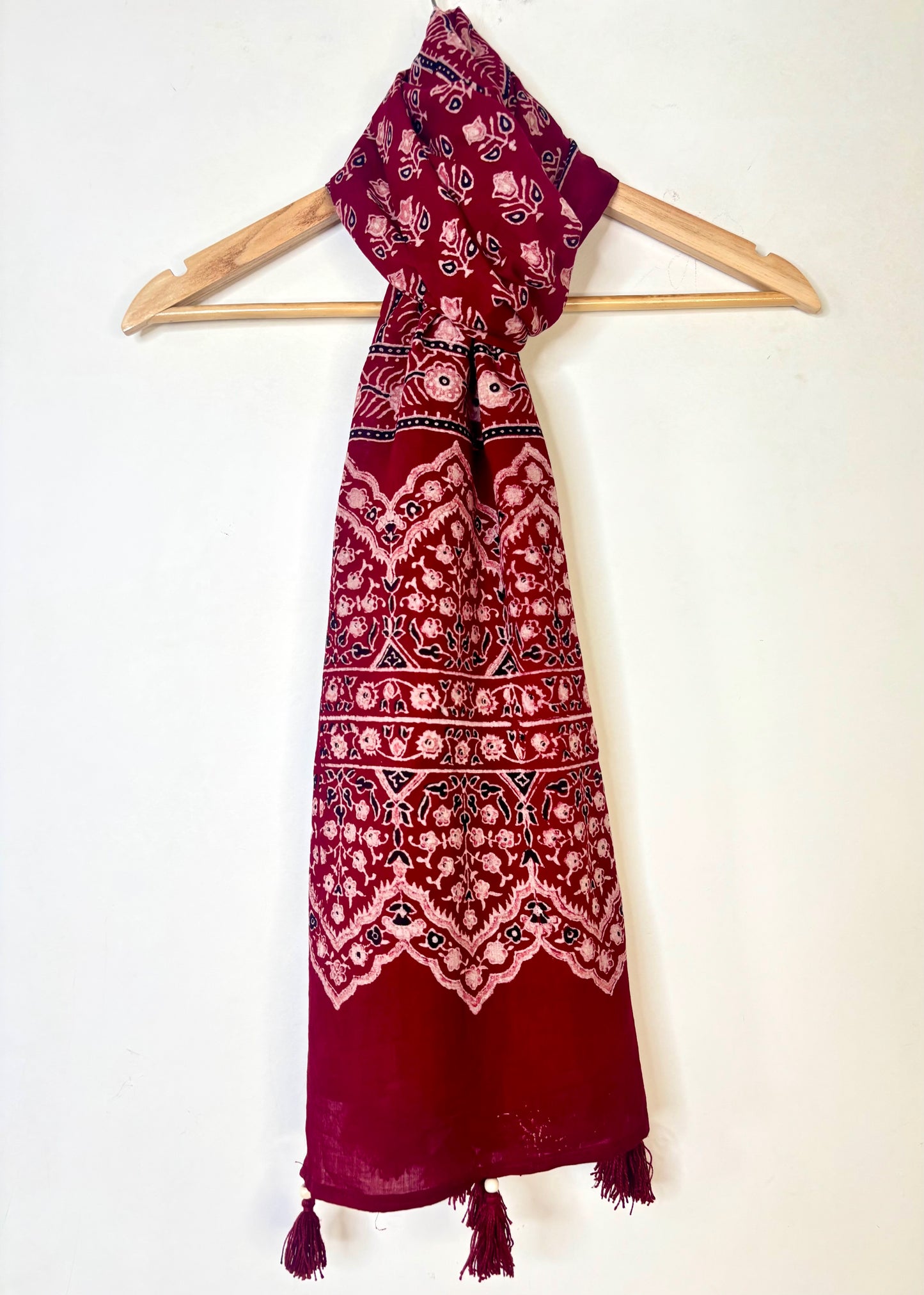 Raahi🌻Ajrakh Cotton Stoles ~ Deep red w/ motifs