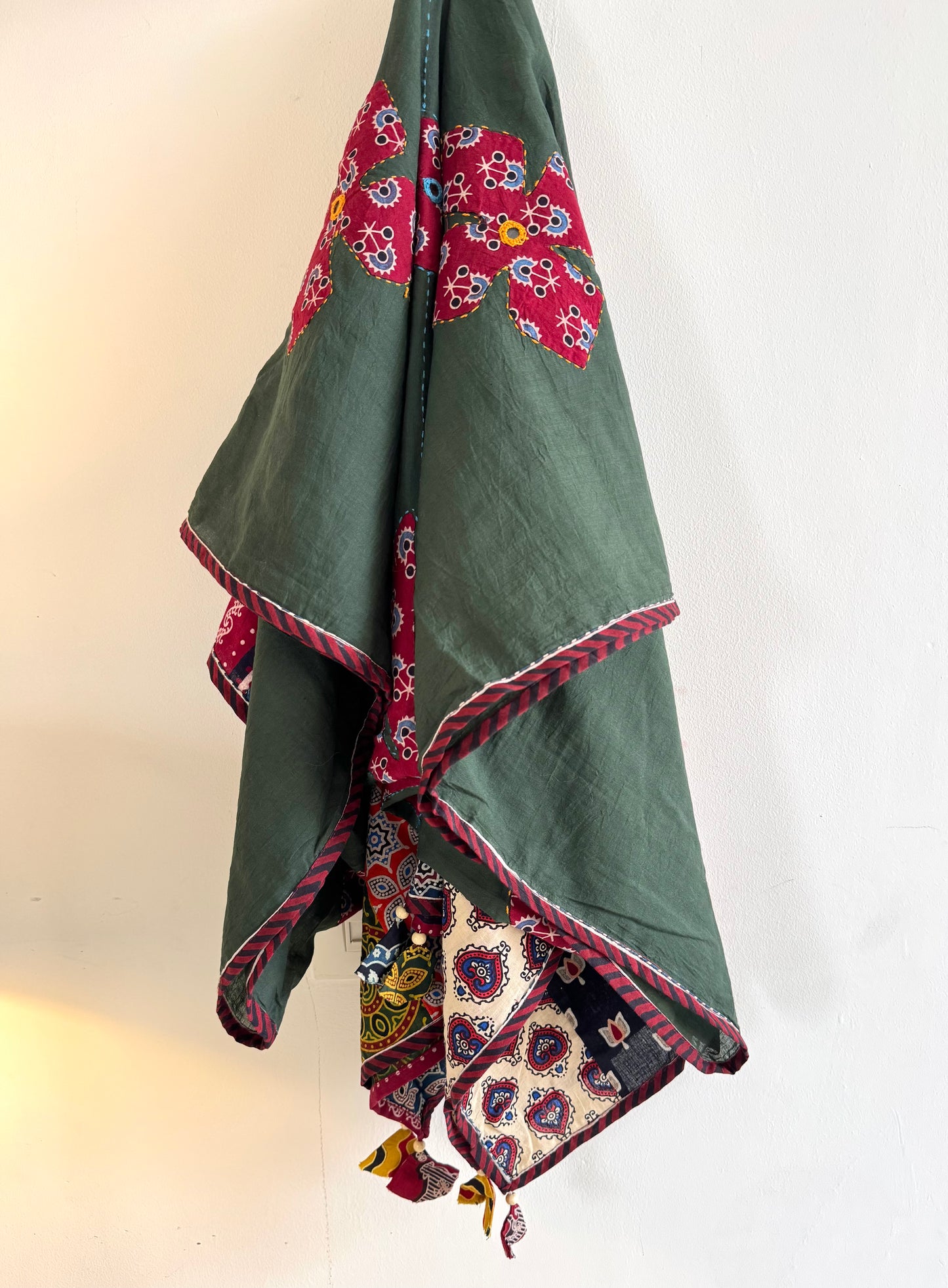 𓂃ོ⋆☀︎𓂃ᨒོ Ajrakh, Applique & Kantha Embroidered Dupatta ~ Olive Green w/ Ruby Flowers𑁍ࠬ