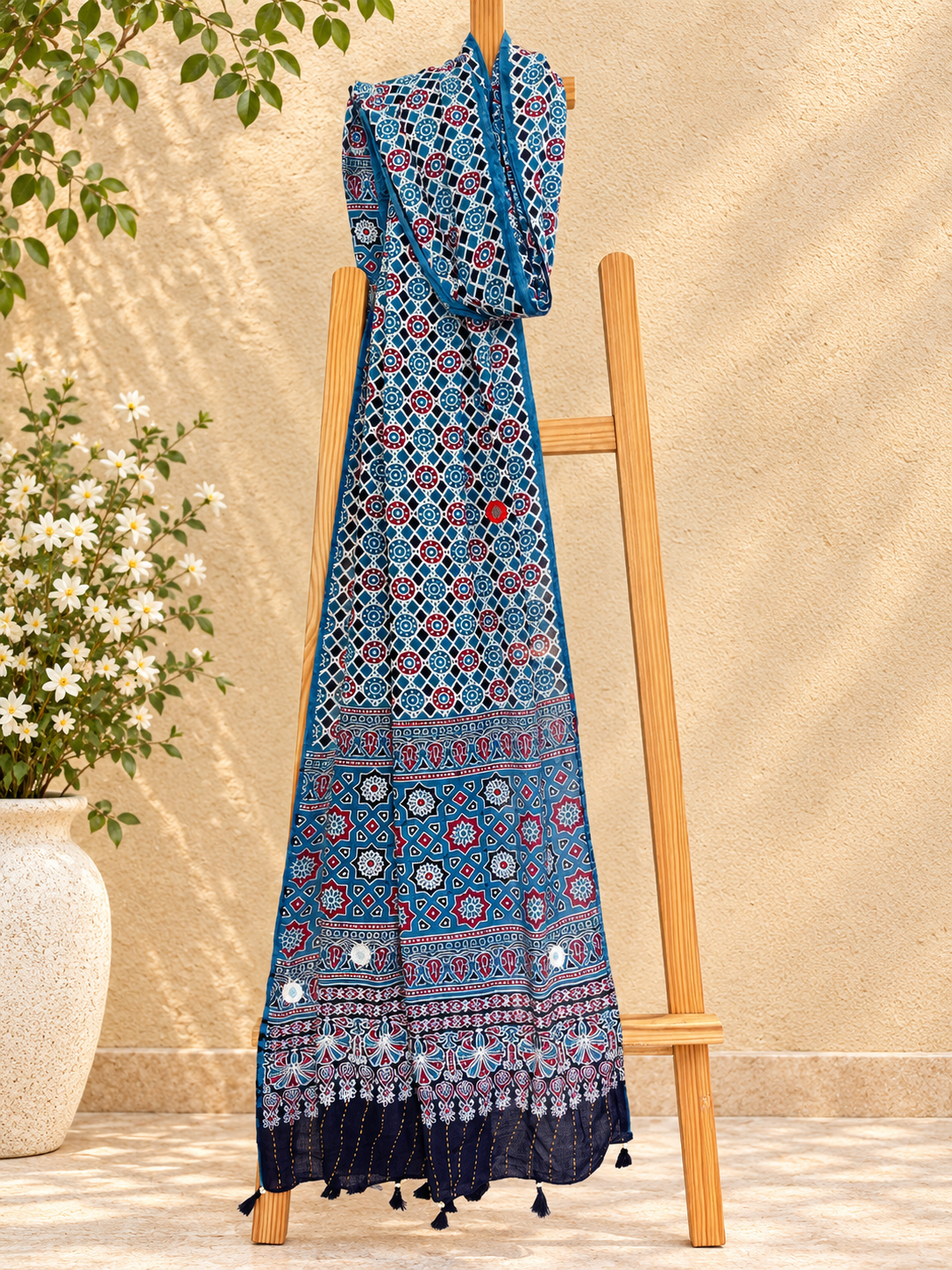Rangrez🔅Ajrakh Mulmul Cotton Dupattas with Embroidery ~ Blue Banjara