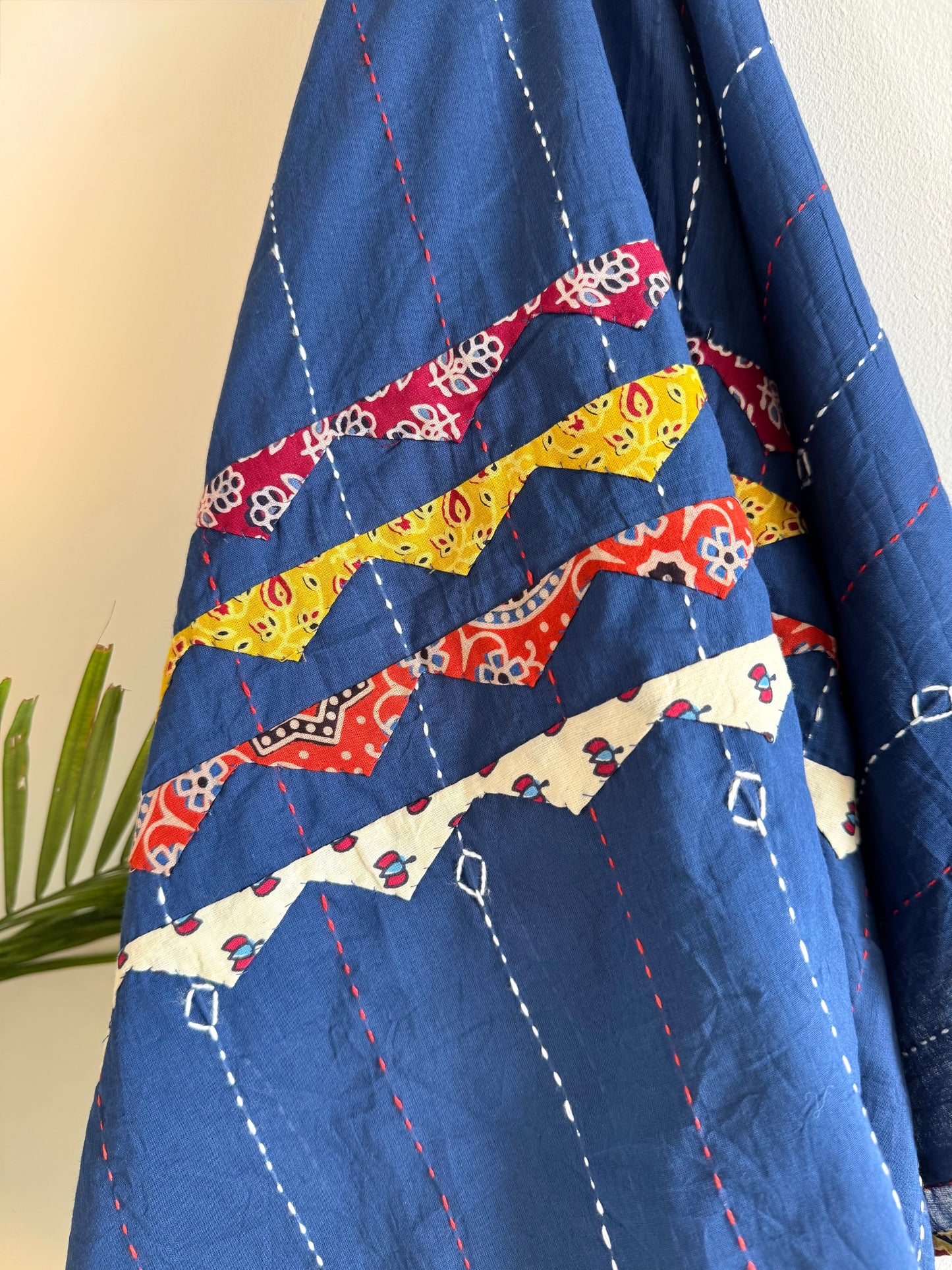 Ajrakh Applique & Kantha Embroidered Dupatta ~ Navy Blue with Multicolor Patch Work