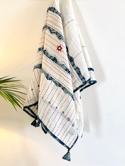 Ajrakh Applique & Kantha Embroidered Dupatta ~ White with Blue Patchwork