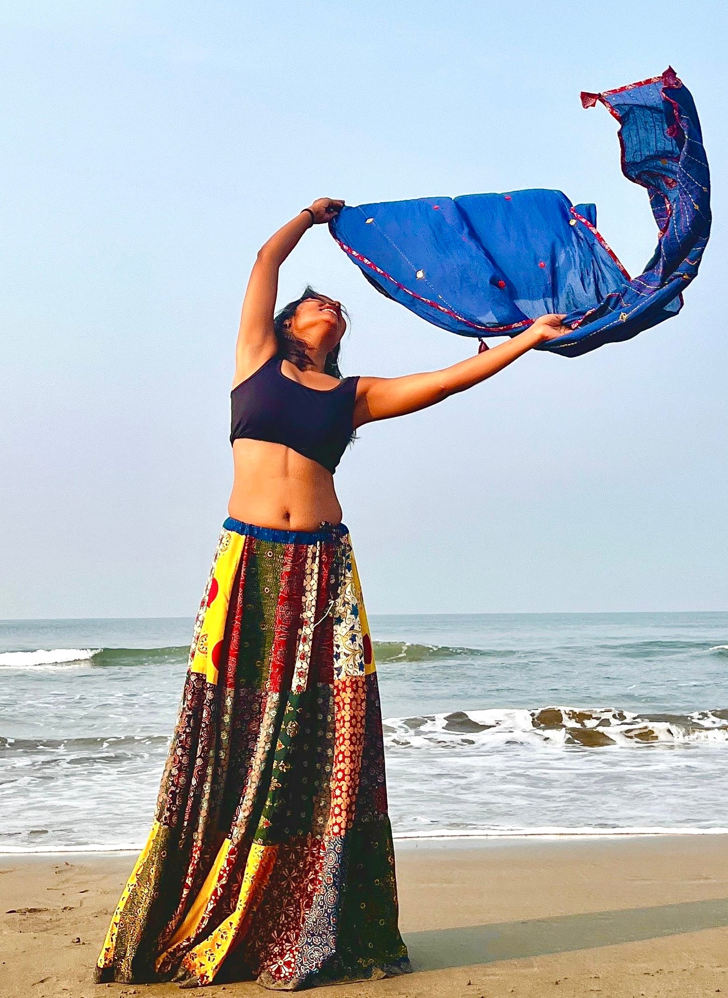 ✨Navrang ~ Ajrakh Long Skirt and Dupatta Set ~ Multicolor w/ Blue