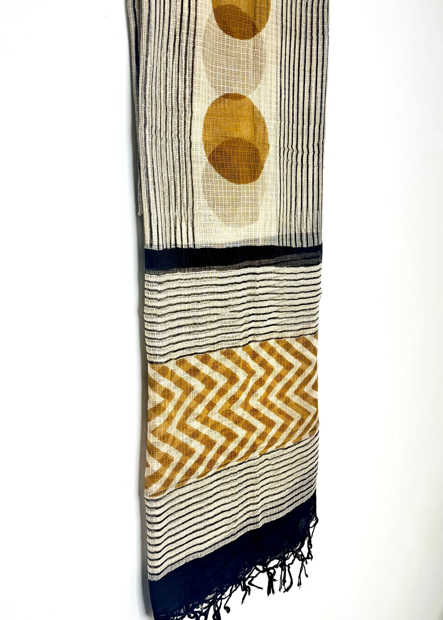 Kota Doria Bagru Handblock Dupatta ~ Black w/ Sand Brown circles