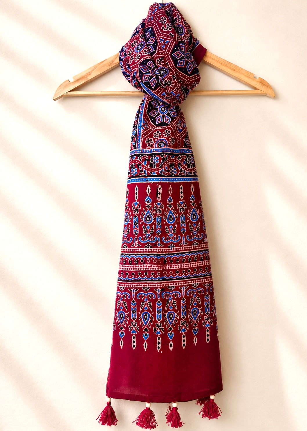 Raahi🌻Ajrakh Cotton Stoles ~ Deep red w/ geometrical motifs