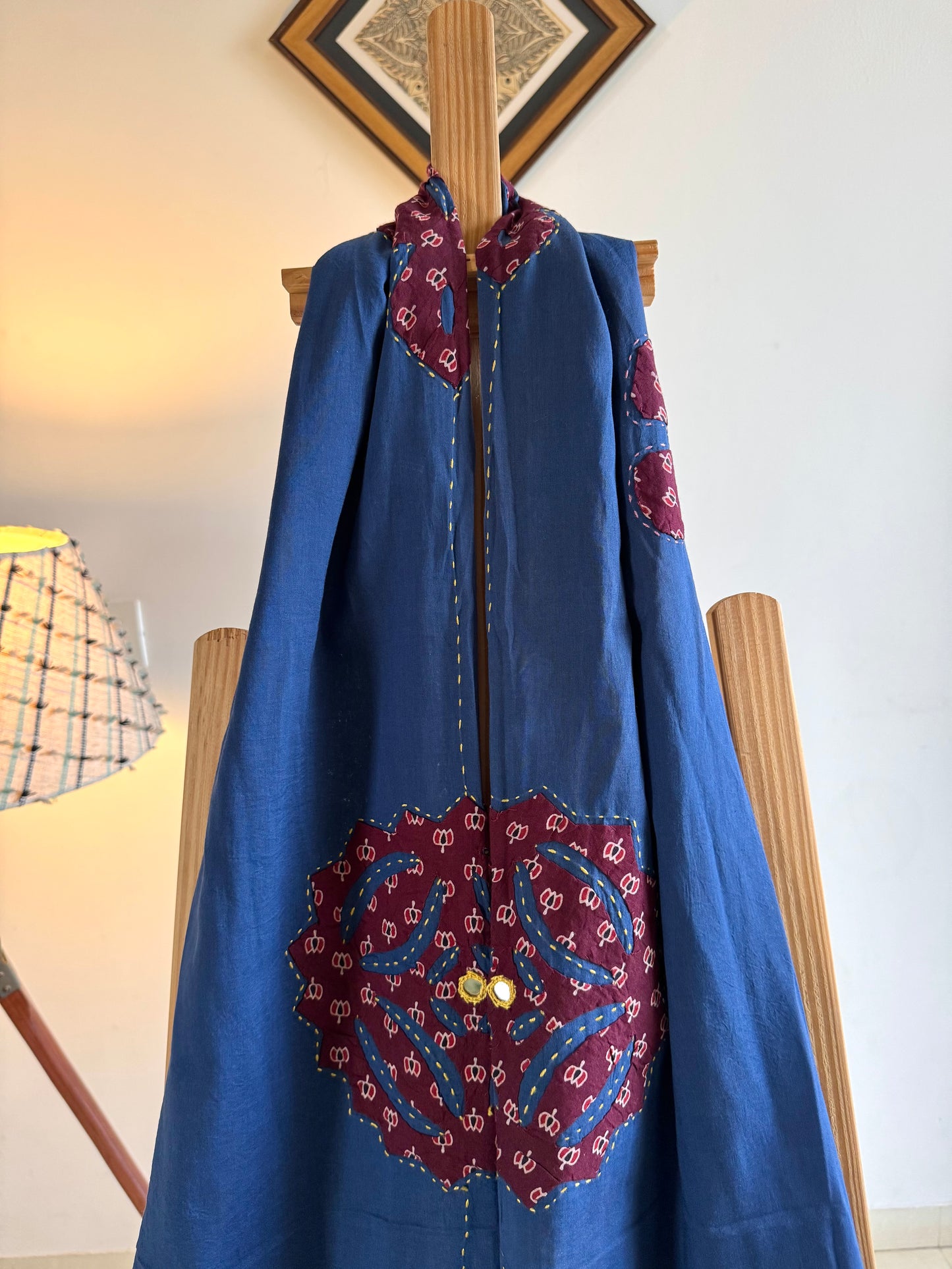 Ajrakh Applique & Kantha Embroidered Dupatta ~ Navy Blue with Burgundy Flowers