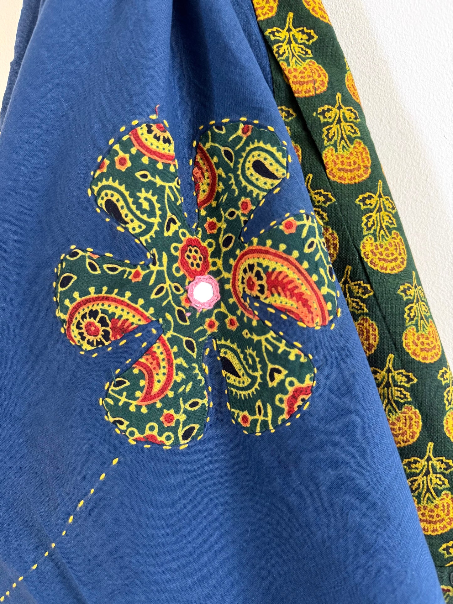 Ajrakh Applique & Kantha Embroidered Dupatta ~ Navy Blue w/ Green Flowers