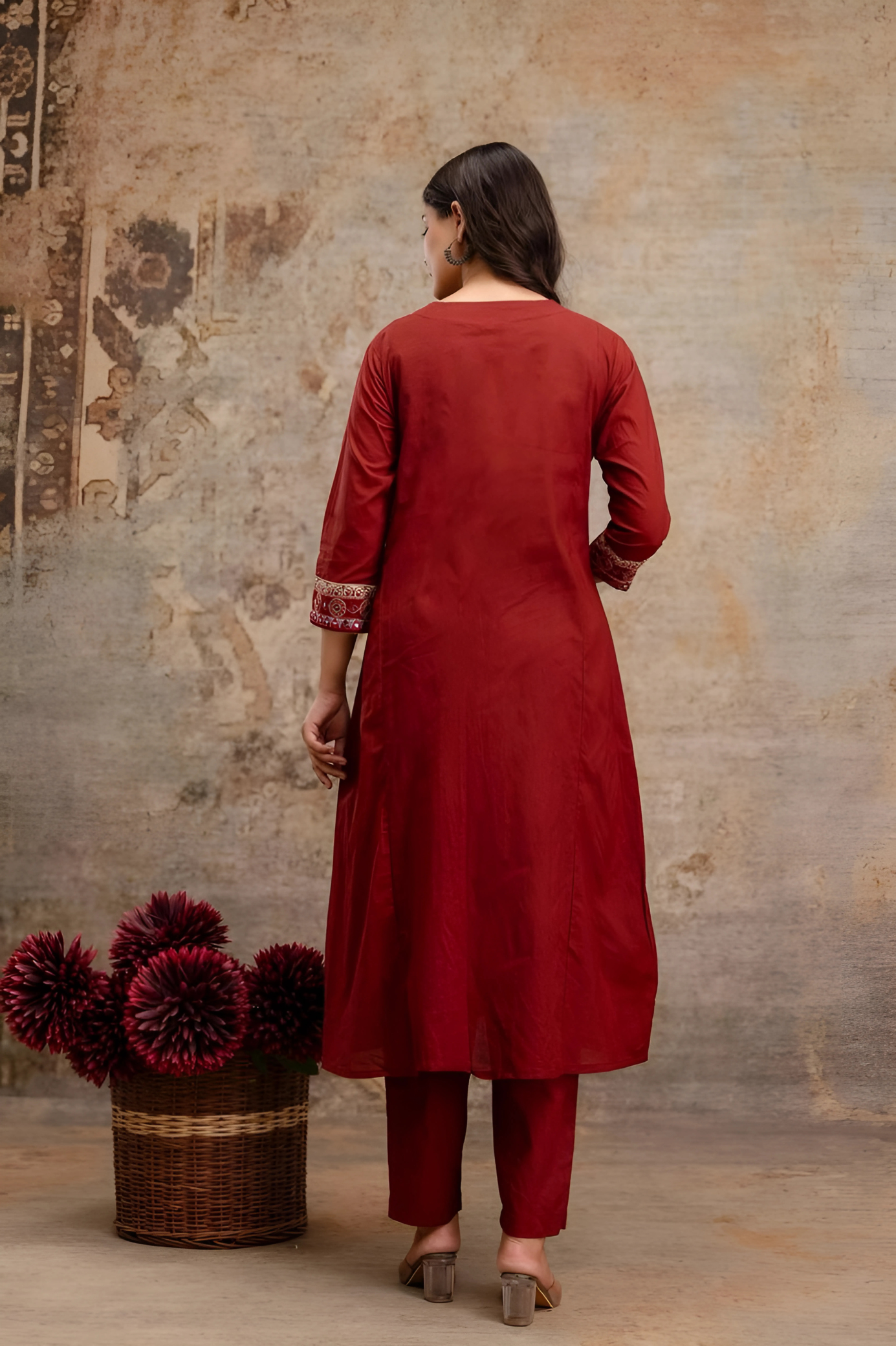 Saanjh 𓂃 ོ☼𓂃 Ajrakh Hand Embroidered Suit ~ Mahogany Red