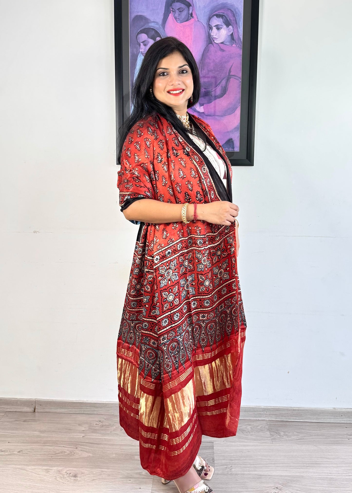 Modal Silk Ajrakh Dupatta ~ Brick Red Tulip Motif w/ Zari