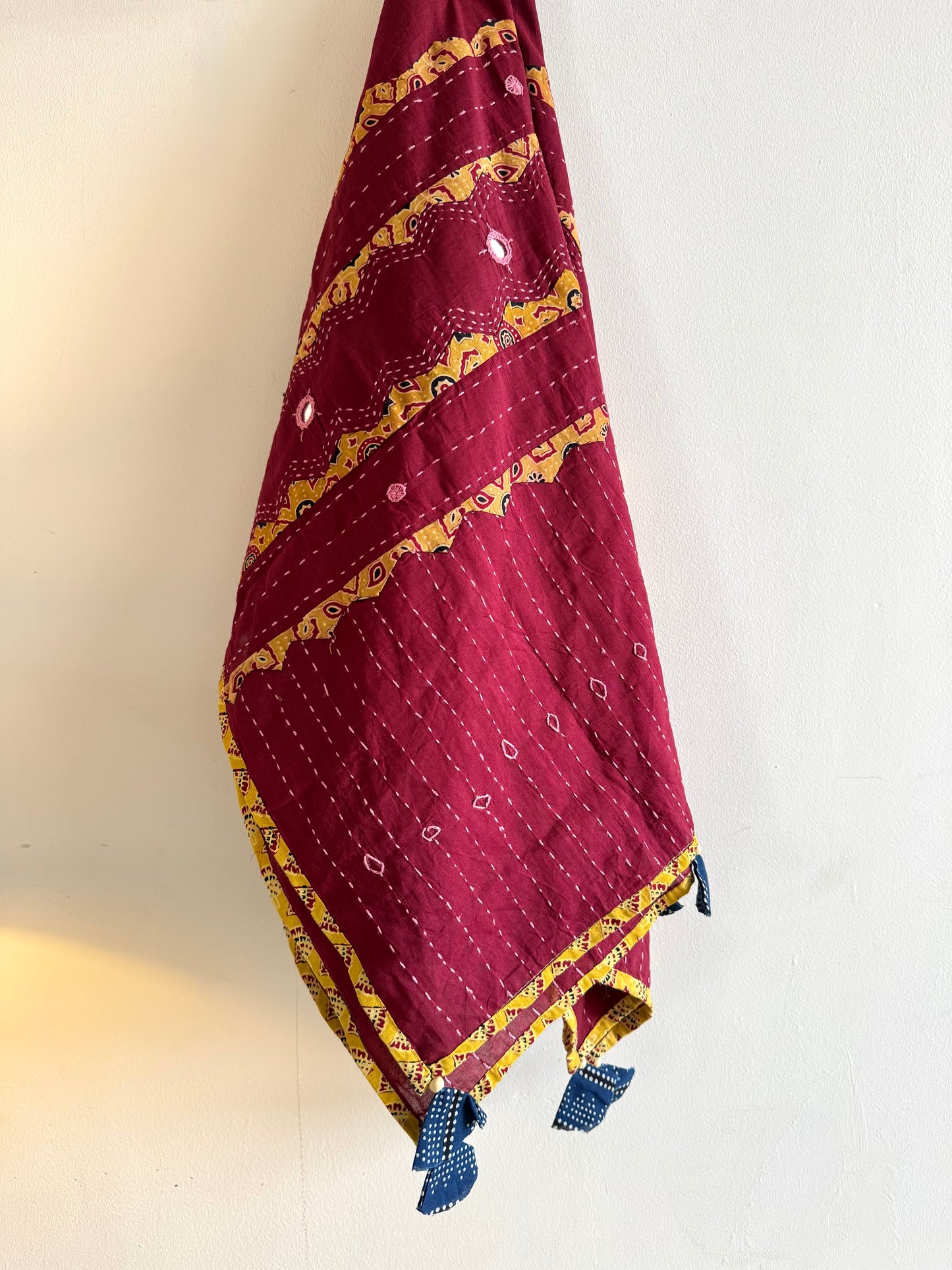 Ajrakh Applique & Kantha Embroidered Dupatta ~ Deep Red with Yellow Kantha Work