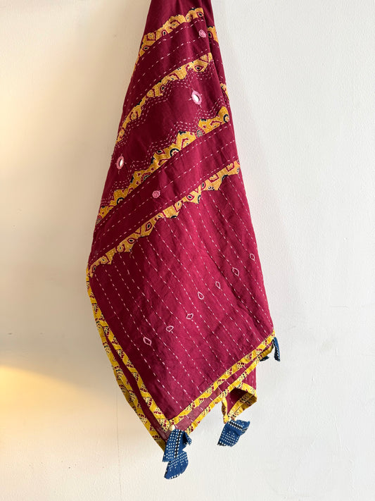 Ajrakh Applique & Kantha Embroidered Dupatta ~ Deep Red with Yellow Kantha Work