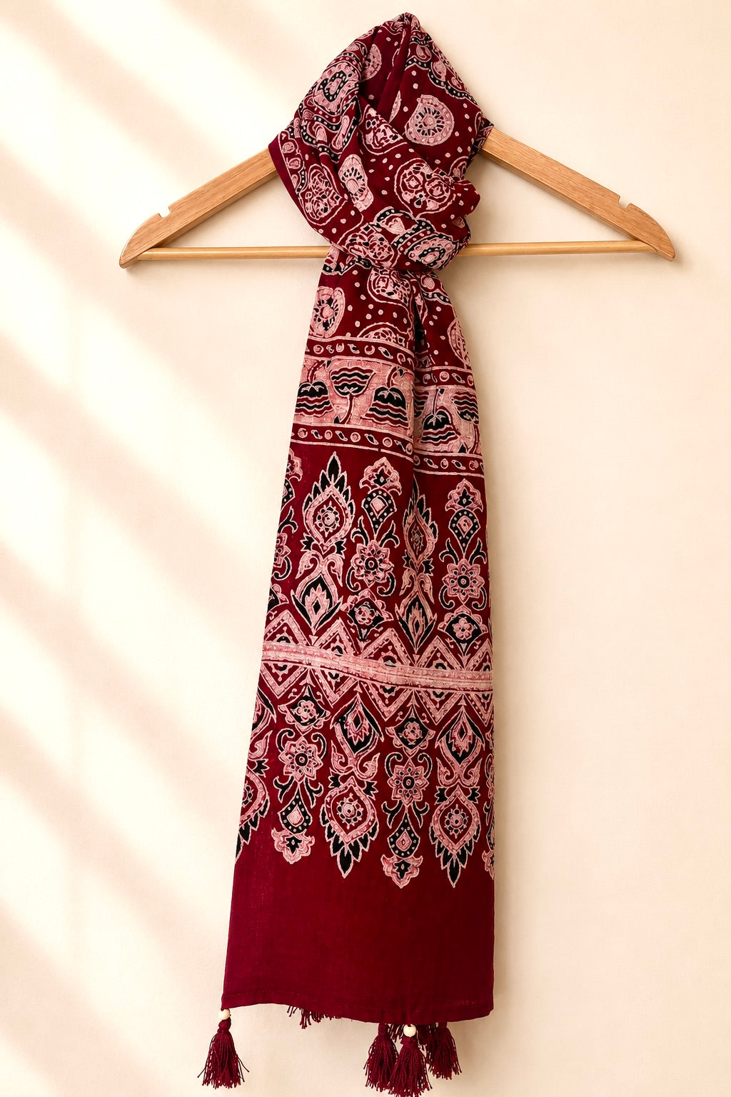 Raahi🌻Ajrakh Cotton Stoles ~ Deep red w/ floral motifs