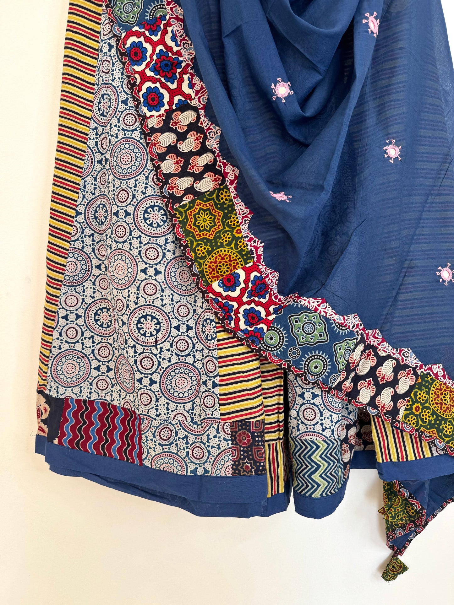 ✨Garba nu Ghoomie ~ Ajrakh Lehenga and Dupatta Set ~ Yellow Strips w/ Navy Blue Dupatta