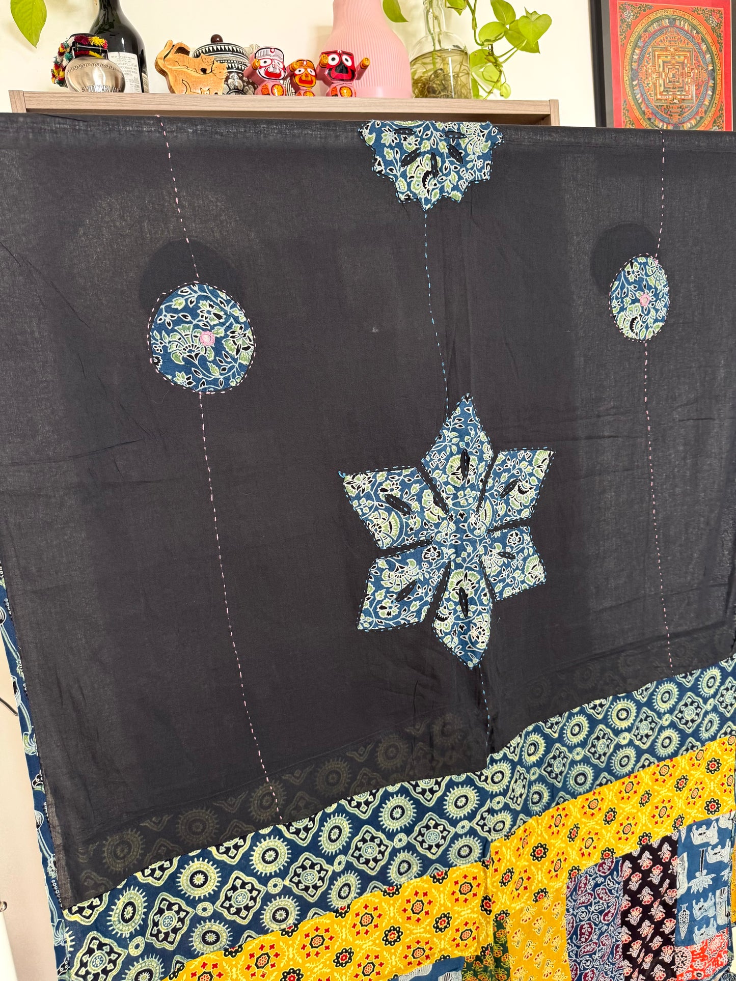 𓂃ོ⋆☀︎𓂃ᨒོ Ajrakh, Applique & Kantha Embroidered Dupatta ~ Black with Blue Crystals𑁍ࠬ
