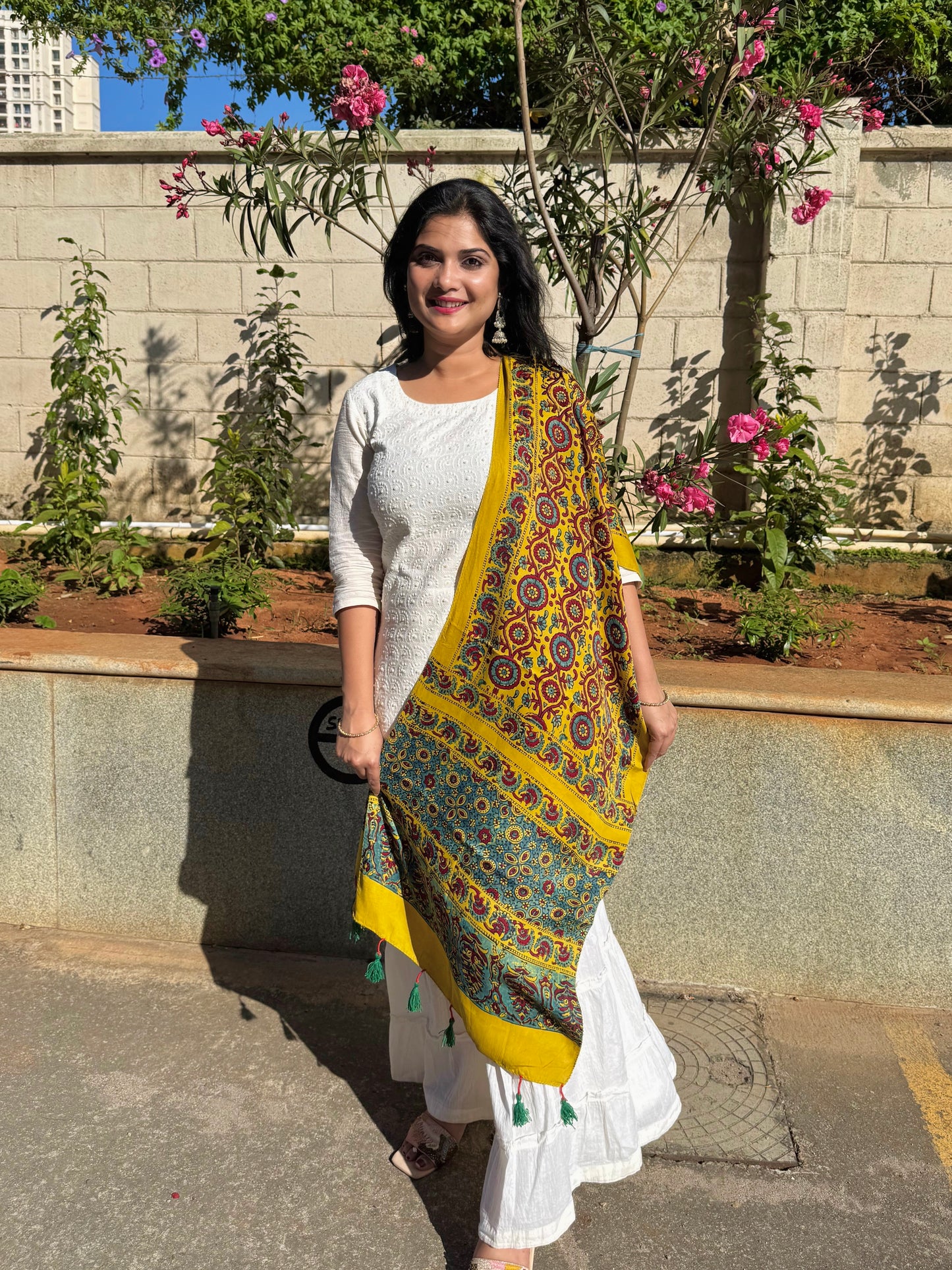 Rangrez🔅Modal Silk Ajrakh Stoles ~ Yellow with Circular Motifs