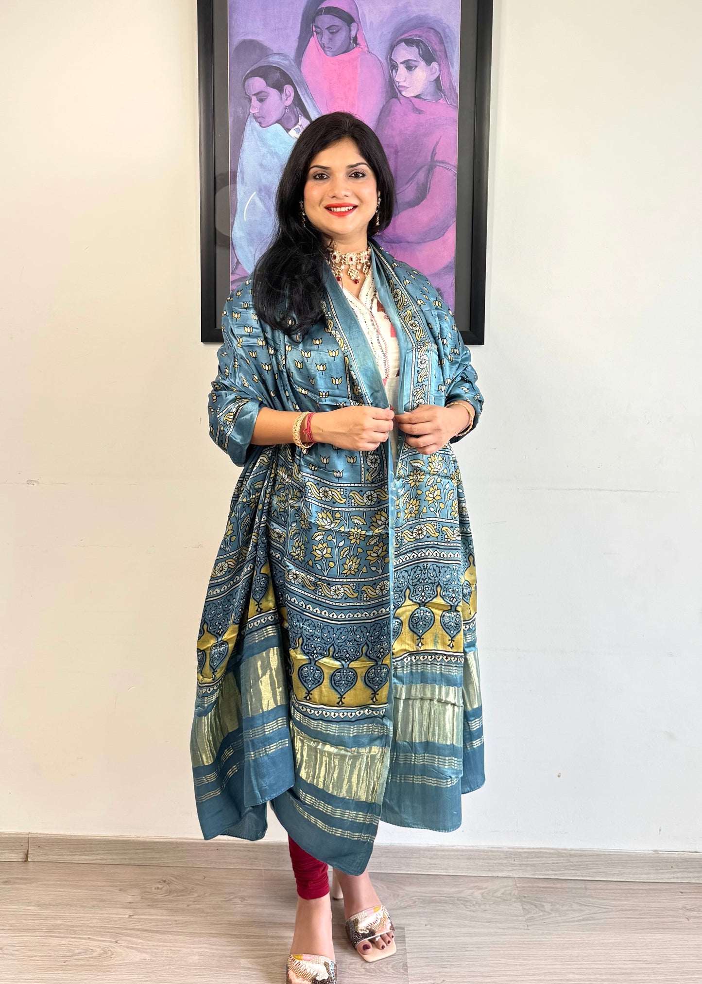 Modal Silk Ajrakh Dupatta ~ Metallic Blue Lotus motif w/ Zari