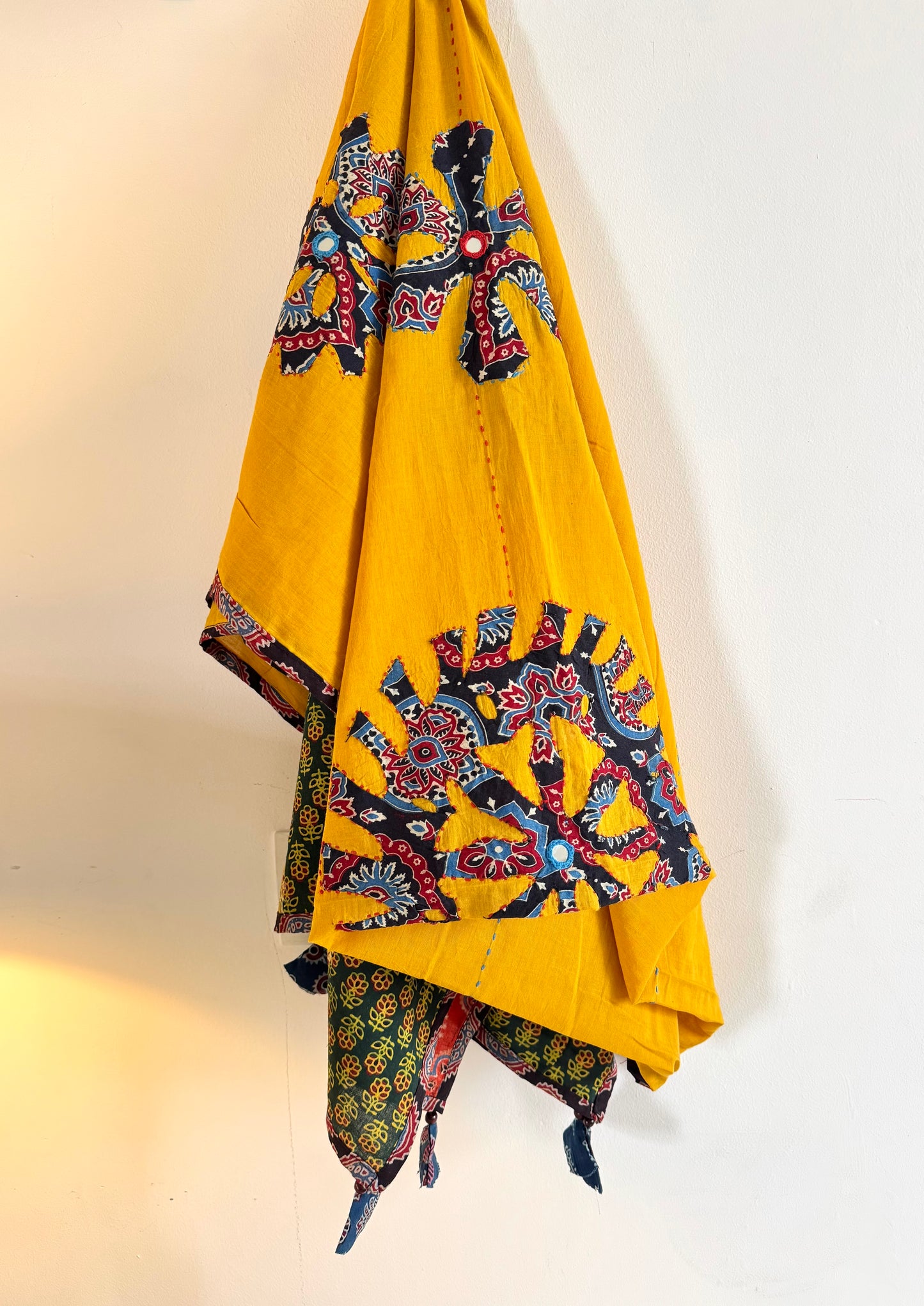 𓂃ོ⋆☀︎𓂃ᨒོ Ajrakh, Applique & Kantha Embroidered Dupatta ~ Yellow w/ Black flowers 𑁍ࠬ