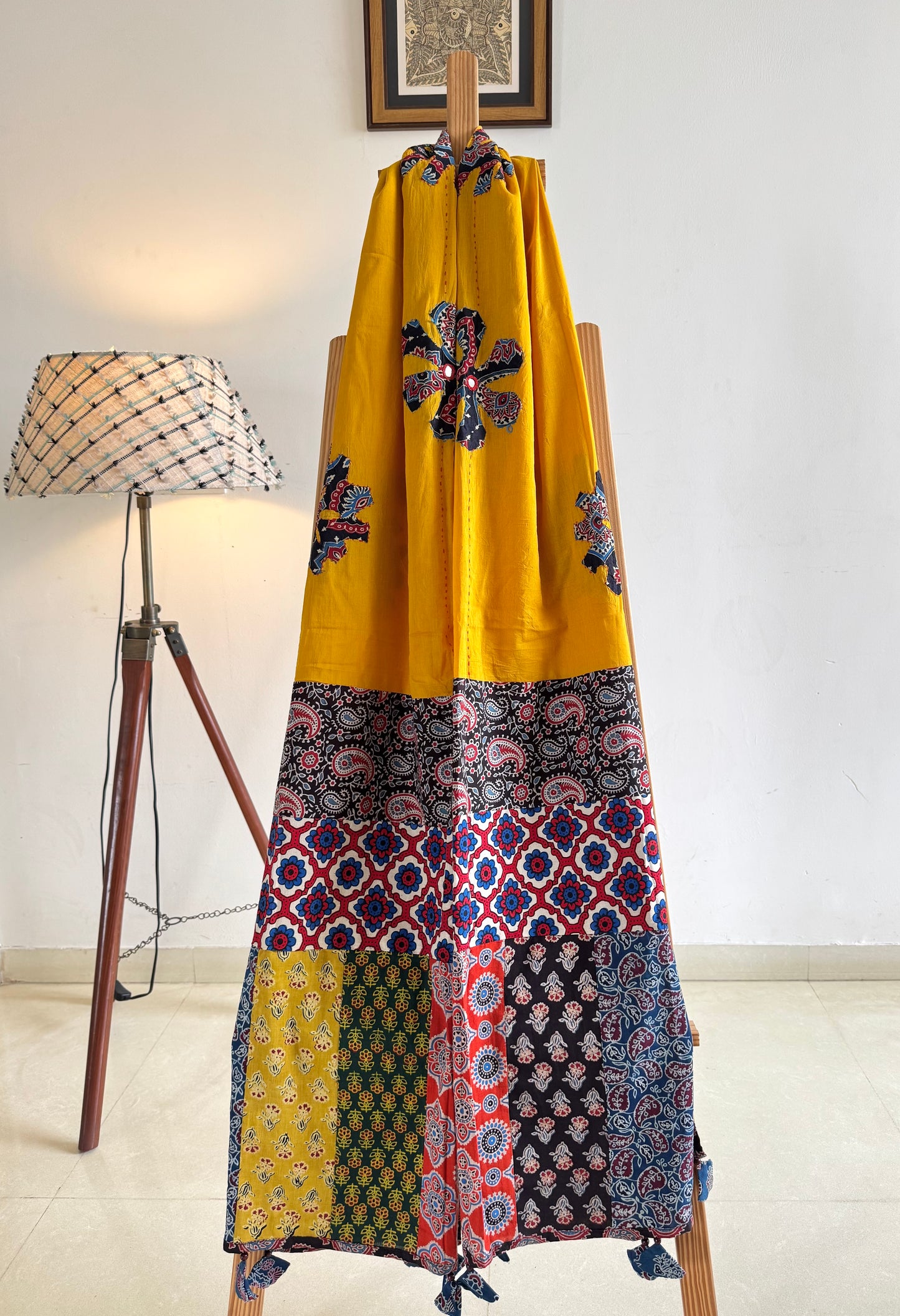 𓂃ོ⋆☀︎𓂃ᨒོ Ajrakh, Applique & Kantha Embroidered Dupatta ~ Yellow w/ Black flowers 𑁍ࠬ