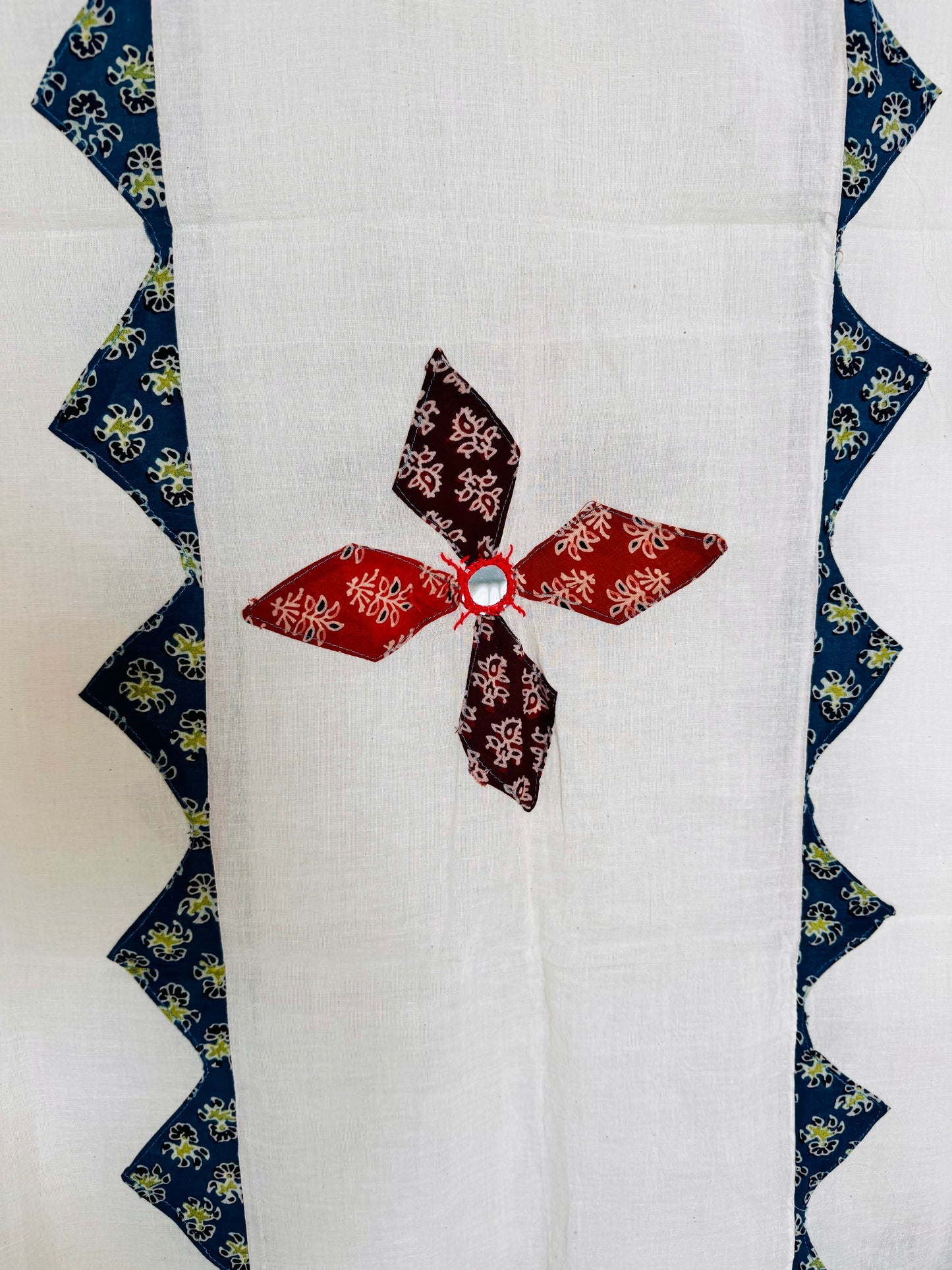 Ajrakh Applique & Kantha Embroidered Dupatta ~ White with Burnt Orange Flowers