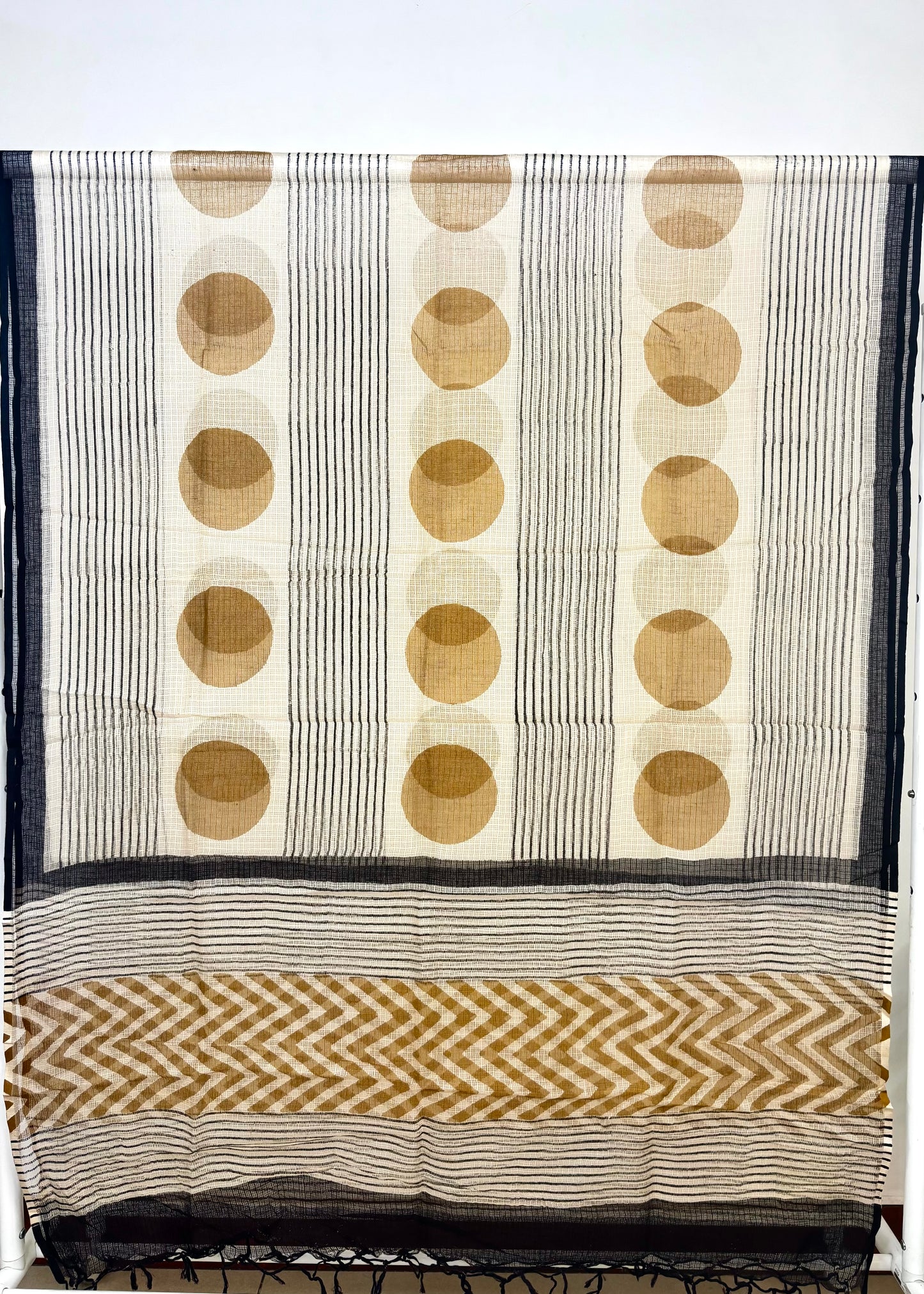Kota Doria Bagru Handblock Dupatta ~ Black w/ Sand Brown circles
