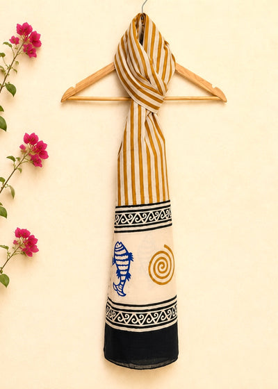 Raag 🪷 Mulmul Cotton Stoles ~ Fish & Circles